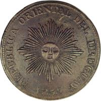 obverse of 20 Centésimos (1854 - 1855) coin with KM# 7 from Uruguay. Inscription: REPUBLICA ORIENTAL DEL URUGUAY 1855