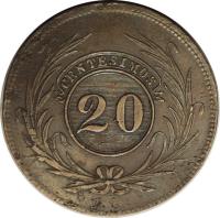 reverse of 20 Centesimos (1840 - 1844) coin with KM# 2 from Uruguay. Inscription: CENTESIMOS 20