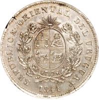 obverse of 1 Peso (1844) coin with KM# 5 from Uruguay. Inscription: REPUBLICA ORIENTAL DEL URUGUAY 1844