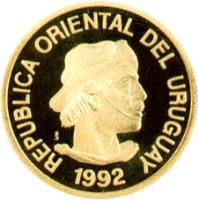 obverse of 1/4 Gaucho - Gold Bullion (1992) coin with KM# 108 from Uruguay. Inscription: REPUBLICA ORIENTAL DEL URUGUAY So 1992