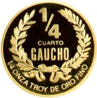 Uruguay coin 1/4 Gaucho - Gold Bullion (1992) reverse reverse of 1/4 Gaucho - Gold Bullion (1992) coin with KM# 108 from Uruguay. Inscription: 1/4 CUARTO GAUCHO 1/4 ONZA TROY DE ORO FINO