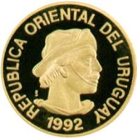 obverse of 1/2 Gaucho - Gold Bullion (1992) coin with KM# 109 from Uruguay. Inscription: REPUBLICA ORIENTAL DEL URUGUAY So 1992