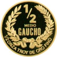 reverse of 1/2 Gaucho - Gold Bullion (1992) coin with KM# 109 from Uruguay. Inscription: 1/2 MEDIO GAUCHO 1/2 ONZA TROY DE ORO FINO