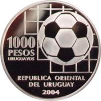 Uruguay coin 1000 Pesos Uruguayos - 100th Anniversay of FIFA (2004) obverse obverse of 1000 Pesos Uruguayos - 100th Anniversay of FIFA (2004) coin with KM# 125 from Uruguay. Inscription: 1000 PESOS URUGUAYOS REPUBLICA ORIENTAL DEL URUGUAY 2004
