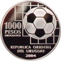 obverse of 1000 Pesos Uruguayos - 100th Anniversay of FIFA (2004) coin with KM# 125 from Uruguay. Inscription: 1000 PESOS URUGUAYOS REPUBLICA ORIENTAL DEL URUGUAY 2004