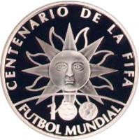 reverse of 1000 Pesos Uruguayos - 100th Anniversay of FIFA (2004) coin with KM# 125 from Uruguay. Inscription: CENTENARIO DE LA FIFA 100 FUTBOL MUNDIAL