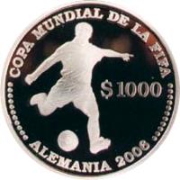 Uruguay coin 1000 Pesos Uruguayos - XVIII World Soccer Championship (2003) reverse reverse of 1000 Pesos Uruguayos - XVIII World Soccer Championship (2003) coin with KM# 122 from Uruguay. Inscription: COPA MUNDIAL DE LA FIFA $ 1000 · · · · · · · · · · · ALEMANIA 2006 · · · · · · · · · · ·