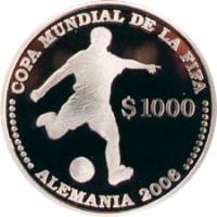 reverse of 1000 Pesos Uruguayos - XVIII World Soccer Championship (2003) coin with KM# 122 from Uruguay. Inscription: COPA MUNDIAL DE LA FIFA $ 1000 · · · · · · · · · · · ALEMANIA 2006 · · · · · · · · · · ·