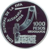 Uruguay coin 1000 Pesos Uruguayos - XVIII World Soccer Championship (2004) reverse reverse of 1000 Pesos Uruguayos - XVIII World Soccer Championship (2004) coin with KM# 123 from Uruguay. Inscription: COPA MUNDIAL DE LA FIFA ALEMANIA 2006 1000 PESOS URUGUAYOS CAMPEONATO MUNDIAL DE FOOTBALL