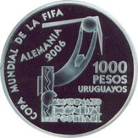 reverse of 1000 Pesos Uruguayos - XVIII World Soccer Championship (2004) coin with KM# 123 from Uruguay. Inscription: COPA MUNDIAL DE LA FIFA ALEMANIA 2006 1000 PESOS URUGUAYOS CAMPEONATO MUNDIAL DE FOOTBALL