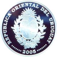 Uruguay coin 1000 Pesos Uruguayos - XVIII World Soccer Championship (2005) obverse obverse of 1000 Pesos Uruguayos - XVIII World Soccer Championship (2005) coin with KM# 124 from Uruguay. Inscription: REPUBLICA ORIENTAL DEL URUGUAY · · · · · · · 2005 · · · · · · ·