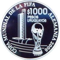 Uruguay coin 1000 Pesos Uruguayos - XVIII World Soccer Championship (2005) reverse reverse of 1000 Pesos Uruguayos - XVIII World Soccer Championship (2005) coin with KM# 124 from Uruguay. Inscription: COPA MUNDIAL DE LA FIFA $ 1000 PESOS URUGUAYOS ALEMANIA 2006 (c) 1974 FIFA TM