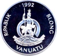 obverse of 50 Vatu - Earth Pigeons (1992) coin with KM# 13 from Vanuatu. Inscription: 1992 RIPABLIK BLONG LONG GOD YUMI STANAP VANUATU