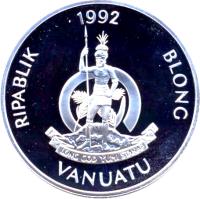 Vanuatu coin 50 Vatu - Earth Pigeons (1992) obverse obverse of 50 Vatu - Earth Pigeons (1992) coin with KM# 13 from Vanuatu. Inscription: 1992 RIPABLIK BLONG LONG GOD YUMI STANAP VANUATU