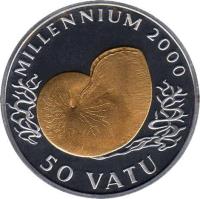Vanuatu coin 50 Vatu - Nautilus Shell (1998) reverse reverse of 50 Vatu - Nautilus Shell (1998) coin with KM# 33 from Vanuatu. Inscription: MILLENIUM 2000 50 VATU