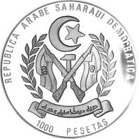 obverse of 1000 Pesetas / 10 Ecu - Emperor Karl V (1992) coin with KM# 10 from Western Sahara. Inscription: REPUBLICA ARABE SAHARAUI DEMOCRATICA 1000 PESETAS