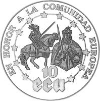 reverse of 1000 Pesetas / 10 Ecu - Emperor Karl V (1992) coin with KM# 10 from Western Sahara. Inscription: EN HONOR A LA COMUNIDAD EUROPEA 10 ECU