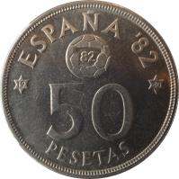 Spain coin 50 Pesetas - Juan Carlos I - 1982 FIFA World Cup (1980) reverse reverse of 50 Pesetas - Juan Carlos I - 1982 FIFA World Cup (1980) coin with KM# 819 from Spain. Inscription: ESPAÑA '82 82 50 PESETAS