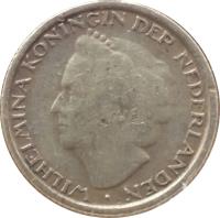 obverse of 1/10 Gulden - Wilhelmina (1948) coin with KM# 48 from Curaçao. Inscription: WILHELMINA KONINGIN DER NEDERLANDEN