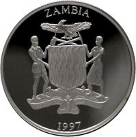 obverse of 10 Kwacha - Unicef (1997) coin with KM# 119a from Zambia. Inscription: ZAMBIA ONE ZAMBIA · · ONE NATION