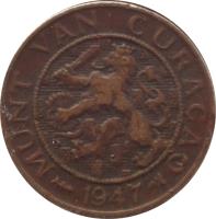 obverse of 1 Cent - Wilhemina (1944 - 1947) coin with KM# 41 from Curaçao. Inscription: MUNT VAN CURAÇAO 1944 D