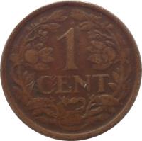 reverse of 1 Cent - Wilhemina (1944 - 1947) coin with KM# 41 from Curaçao. Inscription: 1 CENT