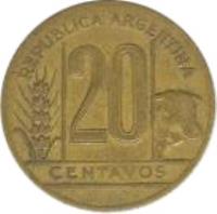 reverse of 20 Centavos (1942 - 1950) coin with KM# 42 from Argentina. Inscription: REPÚBLICA ARGENTINA 20 CENTAVOS