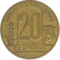 Argentina coin 20 Centavos (1942 - 1950) reverse reverse of 20 Centavos (1942 - 1950) coin with KM# 42 from Argentina. Inscription: REPÚBLICA ARGENTINA 20 CENTAVOS