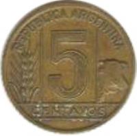 reverse of 5 Centavos (1942 - 1950) coin with KM# 40 from Argentina. Inscription: REPÚBLICA ARGENTINA 5 CENTAVOS
