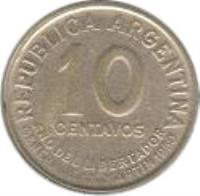 reverse of 10 Centavos - Reeded edge (1951 - 1952) coin with KM# 47 from Argentina. Inscription: REPUBLICA ARGENTINA 10 CENTAVOS 1951