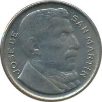 obverse of 20 Centavos - Reeded edge (1951 - 1952) coin with KM# 48 from Argentina. Inscription: JOSE DE SAN MARTIN