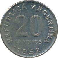 reverse of 20 Centavos - Reeded edge (1951 - 1952) coin with KM# 48 from Argentina. Inscription: REPUBLICA ARGENTINA 1952 20 CENTAVOS
