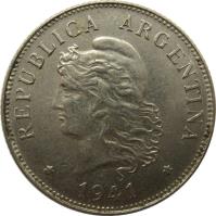 obverse of 50 Centavos (1941) coin with KM# 39 from Argentina. Inscription: REPUBLICA ARGENTINA * 1941 *
