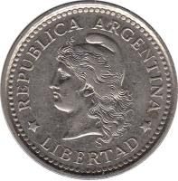 obverse of 50 Centavos (1957 - 1961) coin with KM# 56 from Argentina. Inscription: REPUBLICA ARGENTINA * LIBERTAD *