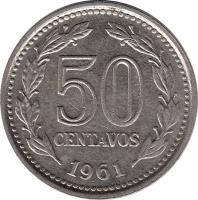 reverse of 50 Centavos (1957 - 1961) coin with KM# 56 from Argentina. Inscription: 50 CENTAVOS 1958