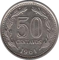 Argentina coin 50 Centavos (1957 - 1961) reverse reverse of 50 Centavos (1957 - 1961) coin with KM# 56 from Argentina. Inscription: 50 CENTAVOS 1958