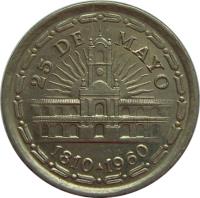 reverse of 1 Peso - May Revolution (1960) coin with KM# 58 from Argentina. Inscription: 25 DE MAYO 1810-1960