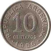 Argentina coin 10 Centavos - Smaller head; Plain edge (1954 - 1956) reverse reverse of 10 Centavos - Smaller head; Plain edge (1954 - 1956) coin with KM# 51 from Argentina. Inscription: REPUBLICA ARGENTINA 10 CENTAVOS 1955