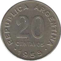 reverse of 20 Centavos - Smaller head; Plain edge (1954 - 1956) coin with KM# 52 from Argentina. Inscription: REPUBLICA ARGENTINA 20 CENTAVOS · 1955 ·