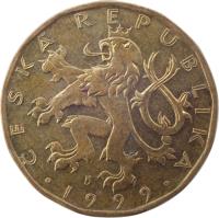 obverse of 20 Korun (1993 - 2017) coin with KM# 5 from Czech Republic. Inscription: ČESKÁ REPUBLIKA · 1999 ·