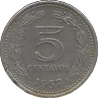 reverse of 5 Centavos (1957 - 1959) coin with KM# 53 from Argentina. Inscription: 5 CENTAVOS 1958