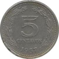 Argentina coin 5 Centavos (1957 - 1959) reverse reverse of 5 Centavos (1957 - 1959) coin with KM# 53 from Argentina. Inscription: 5 CENTAVOS 1958