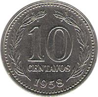 Argentina coin 10 Centavos (1957 - 1959) reverse reverse of 10 Centavos (1957 - 1959) coin with KM# 54 from Argentina. Inscription: 10 CENTAVOS 1958