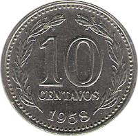 reverse of 10 Centavos (1957 - 1959) coin with KM# 54 from Argentina. Inscription: 10 CENTAVOS 1958