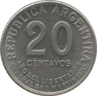 reverse of 20 Centavos - José San Martin (1950) coin with KM# 45 from Argentina. Inscription: REPUBLICA ARGENTINA 20 CENTAVOS ANO DEL LIBERTADOR GENERAL SAN MARTIN 1950