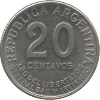 Argentina coin 20 Centavos - José San Martin (1950) reverse reverse of 20 Centavos - José San Martin (1950) coin with KM# 45 from Argentina. Inscription: REPUBLICA ARGENTINA 20 CENTAVOS ANO DEL LIBERTADOR GENERAL SAN MARTIN 1950