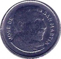 obverse of 5 Centavos - Smaller head; Plain edge (1954 - 1956) coin with KM# 50 from Argentina. Inscription: JOSE DE SAN MARTIN