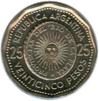 reverse of 25 Pesos - First National Coin (1964 - 1968) coin with KM# 61 from Argentina. Inscription: PROVINCIAS DEL RIO DE LA PLATA REPUBLICA ARGENTINA 25 25 VEINTICINCO PESOS