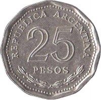 Argentina coin 25 Pesos - Faustino Sarmiento (1968) reverse reverse of 25 Pesos - Faustino Sarmiento (1968) coin with KM# 63 from Argentina. Inscription: REPUBLICA ARGENTINA 25 PESOS