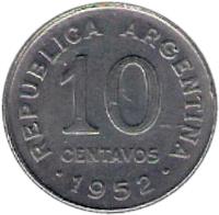 reverse of 10 Centavos - Larger head; Plain edge (1952 - 1953) coin with KM# 47a from Argentina. Inscription: REPUBLICA ARGENTINA 10 CENTAVOS .1952.